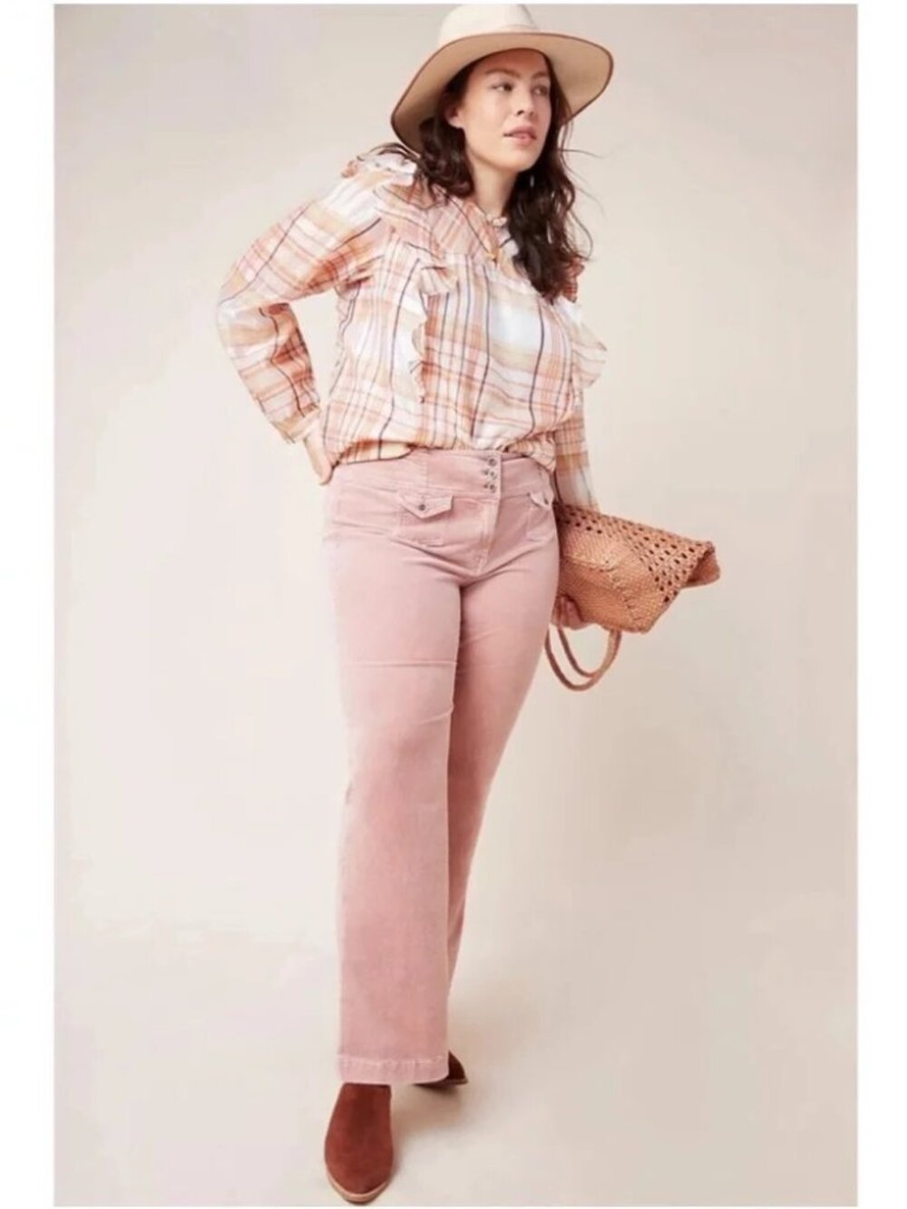 NWT Anthropologie pink plaid prairie ruffle blouse
